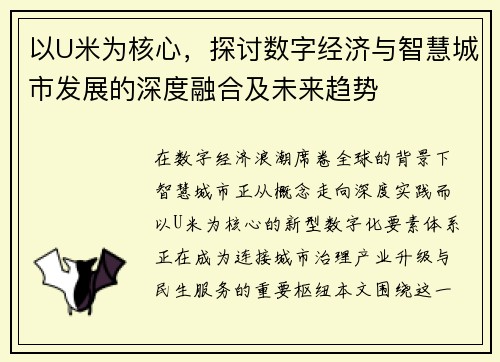 以U米为核心，探讨数字经济与智慧城市发展的深度融合及未来趋势